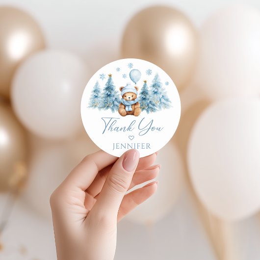 Blue Winter Teddy Bear Baby Boy Shower Thank You Runder Aufkleber