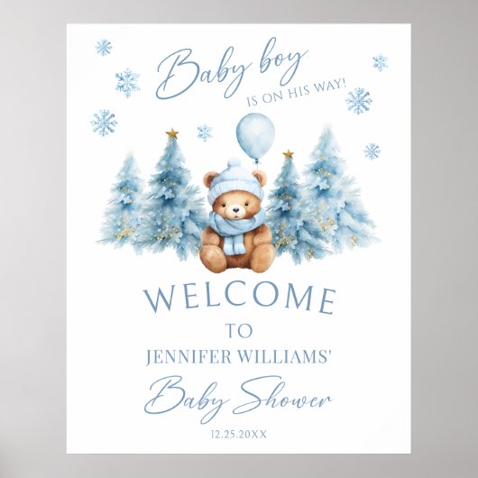 Blue Winter Teddy Bear Pine Trees Baby Boy Dusche Poster (Vorne)