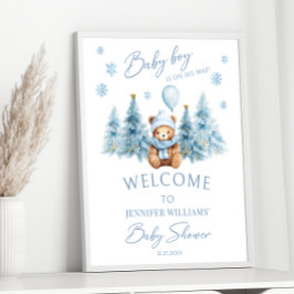 Blue Winter Teddy Bear Pine Trees Baby Boy Dusche Poster