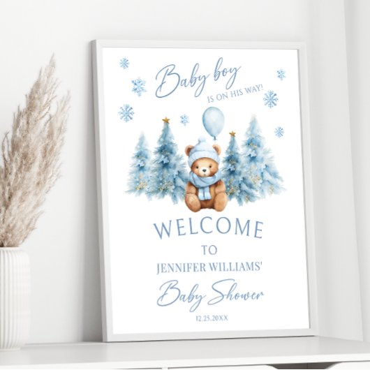 Blue Winter Teddy Bear Pine Trees Baby Boy Dusche Poster