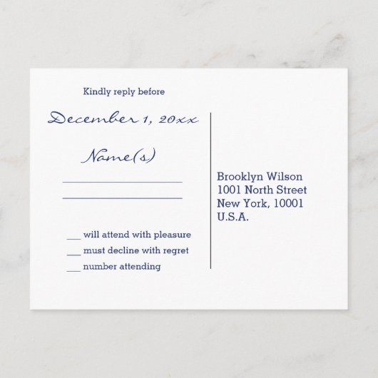 Blue Winter Themed Wedding RSVP Postkarten (Rückseite)