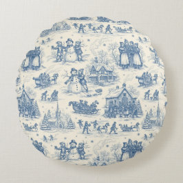 Blue Winter Toile Chinoiserie Rundes Kissen