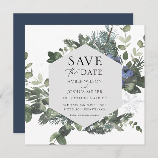 Blue Winter Wedding Save the Date Einladung (Vorne/Hinten)