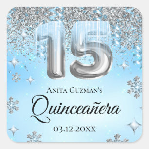 Blue Winter Wonderland Balloons Quinceanera Quadratischer Aufkleber