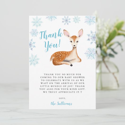 Blue Winter Wonderland Deer Baby Dusche Dankeskarte (Stehend Vorderseite)