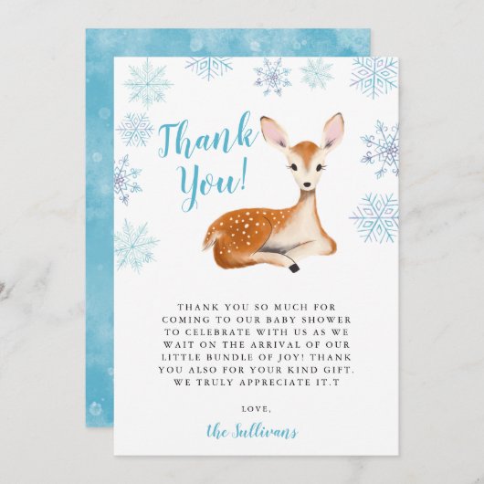Blue Winter Wonderland Deer Baby Dusche Dankeskarte (Vorne/Hinten)