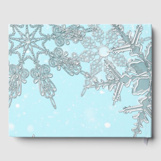 Blue Winter Wonderland Elegante Schneeflocken Hoch Gästebuch (Rückseite)