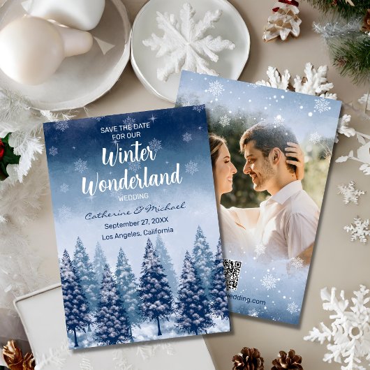 Blue Winter Wonderland Pine Tree Forest Save The Date