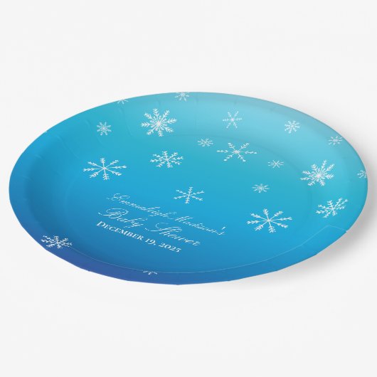 Blue Winter Wonderland Snowflake Baby Dusche Pappteller (Schrägansicht)