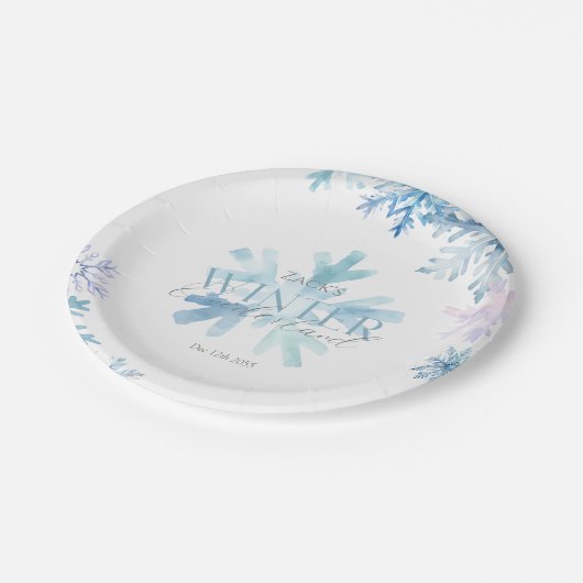 Blue Winter Wonderland Snowflake First Birthday Pappteller (Schrägansicht)