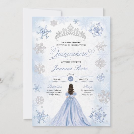 Blue Winter Wonderland Snowflake Quinceanera Einladung (Vorderseite)