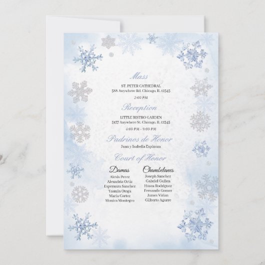 Blue Winter Wonderland Snowflake Quinceanera Einladung (Rückseite)