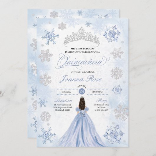 Blue Winter Wonderland Snowflake Quinceanera Einladung (Vorne/Hinten)