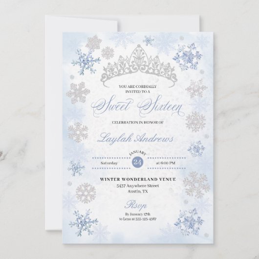 Blue Winter Wonderland Snowflake Sweet 16 Einladung (Vorderseite)