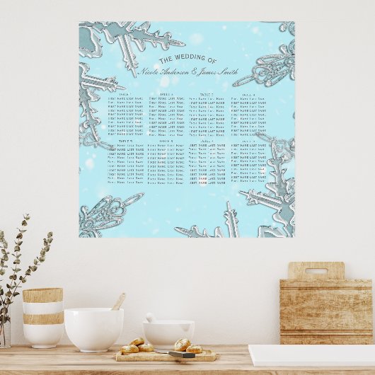 Blue Winter Wonderland Snowflakes Hochzeitsslittch Poster (Küche)