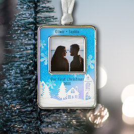 Blue Winter Wonderland Snowy Houses Foto Rahmen-Ornament Silber