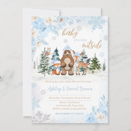 Blue Winter Woodland Animals Baby Dusche Einladung (Vorderseite)
