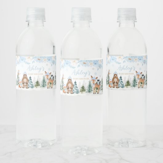 Blue Winter Woodland Animals Baby Dusche Wasserflaschenetikett (Flaschen)