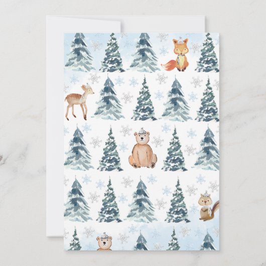 Blue Winter Woodland Baby Dusche Einladung (Rückseite)