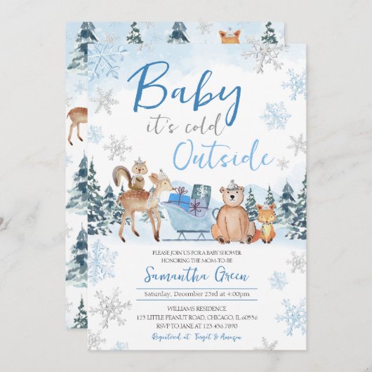 Blue Winter Woodland Baby Dusche Einladung (Vorne/Hinten)
