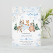 Blue Winter Woodland Baby Dusche Einladung (Stehend Vorderseite)