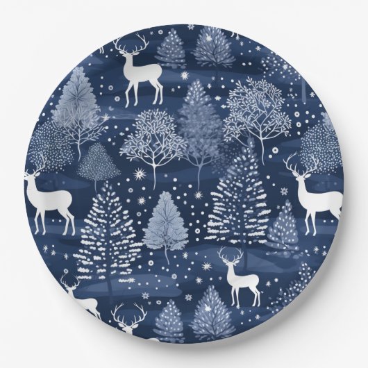 Blue Winter Woodland Christmas Reindeer Holiday Pappteller (Vorderseite)