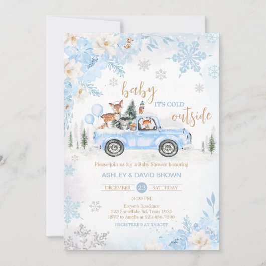Blue Winter Woodland Truck Baby Dusche Einladung (Vorderseite)