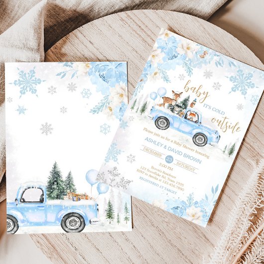 Blue Winter Woodland Truck Baby Dusche Einladung