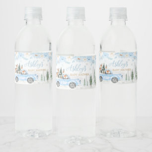 Blue Winter Woodland Truck Baby Dusche Wasserflaschenetikett