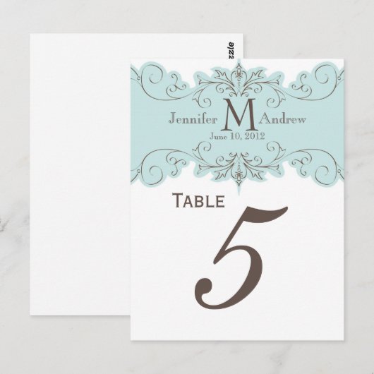 Blue Wirbel Monogram Wedding Tischnummer Cards (Vorne/Hinten)