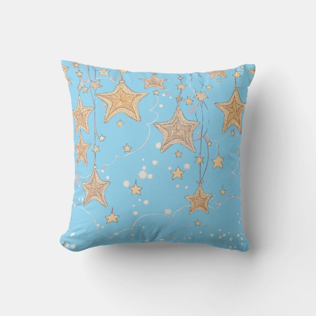 Blue Wish Star Throw Pillow | Sky & Gold Starry Cu Kissen (Vorderseite)