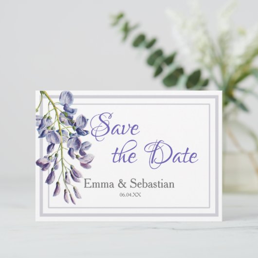 Blue Wisteria Save the Date Card (Stehend Vorderseite)