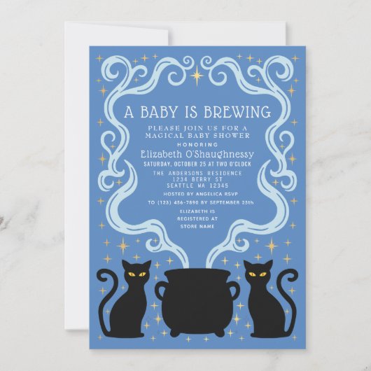 Blue Witchy Baby is Brewing Boy Baby Shower Einladung (Vorderseite)