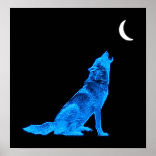 Blue Wolf Howling auf dem Mond Poster (Vorne)