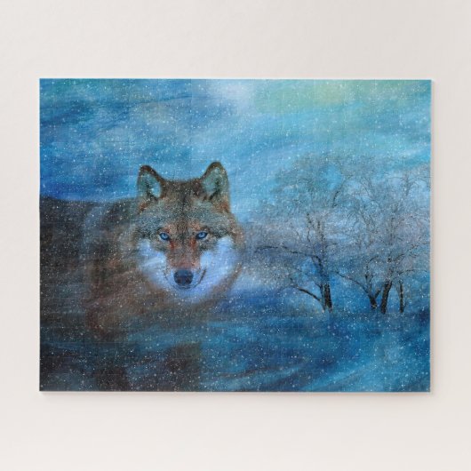 Blue Wolf Winter Forest Wildlife Painting Puzzle (Horizontal)