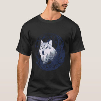 Blue Wolf Yin Yang Mandala Forest Nature Art Desig T-Shirt