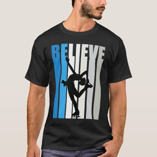 Blue Womens Believe Ice Skating Motivational Retro T-Shirt (Vorderseite)