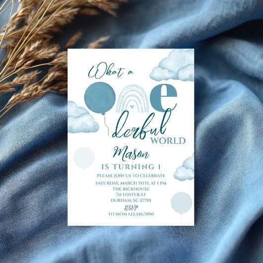 Blue Wonderful World First Birthday Invitation Einladung