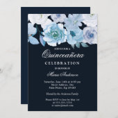 Blue Wonderland Grau Floral Quinceanera Party Einladung (Vorne/Hinten)
