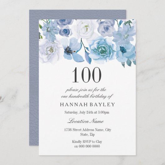 Blue Wonderland Gray Blume 100. Geburtstag Einladu Einladung (Vorne/Hinten)