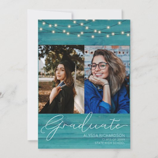 Blue Wood 2 Foto Handwritin Typografie Abschluss Einladung (Vorderseite)