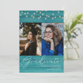 Blue Wood 2 Foto Handwritin Typografie Abschluss Einladung (Stehend Vorderseite)