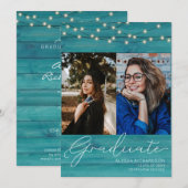 Blue Wood 2 Foto Handwritin Typografie Abschluss Einladung (Vorne/Hinten)