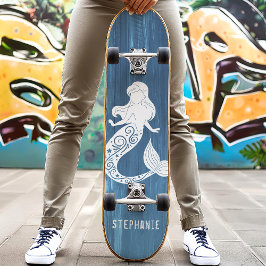 Blue Wood Beach Mermaid Individuelle Name Skateboard