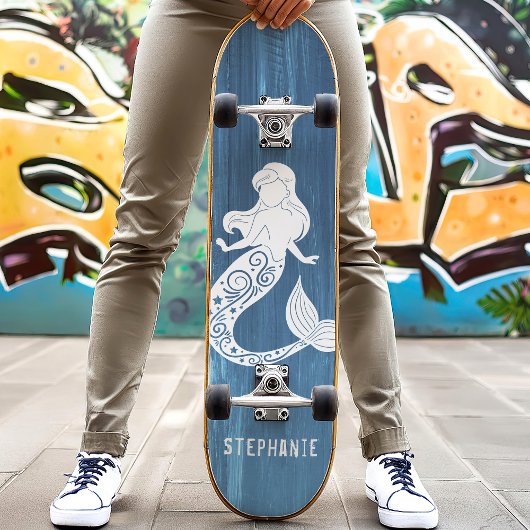 Blue Wood Beach Mermaid Individuelle Name Skateboard