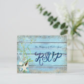 Blue Wood Beach Tropical Wedding RSVP Card Einladungspostkarte (Stehend Vorderseite)