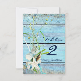 Blue Wood Beach Tropical Wedding Tischnummer Card