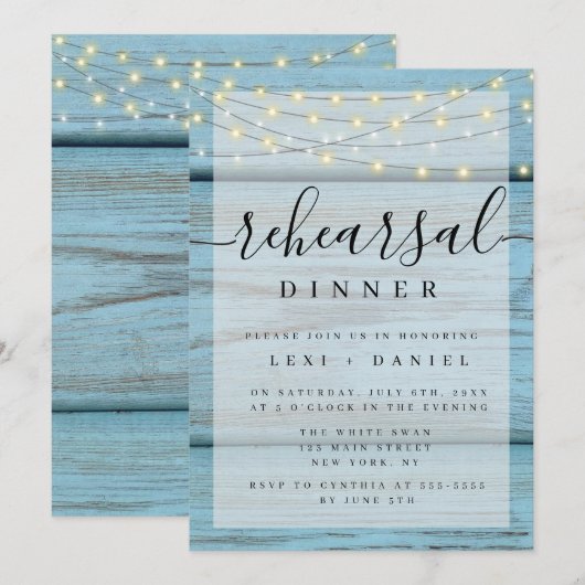 Blue Wood Boho Lights Probe Abendessen Einladung (Vorne/Hinten)