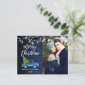 Blue Wood Brush Script Truck Lights Weihnachten Postkarte (Stehend Vorderseite)