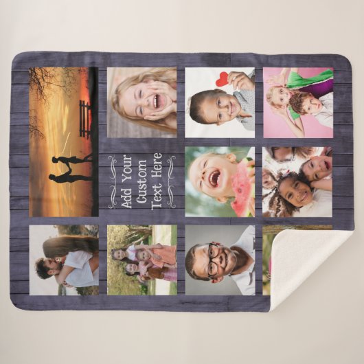 Blue Wood Custom Photo Collage with Text Sherpadecke (Vorderseite (Horizontal))